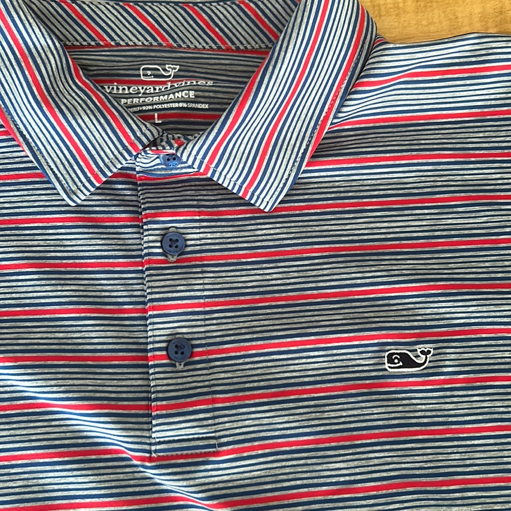 Vineyard Vines Blue, Red & White Striped Performance Polo
